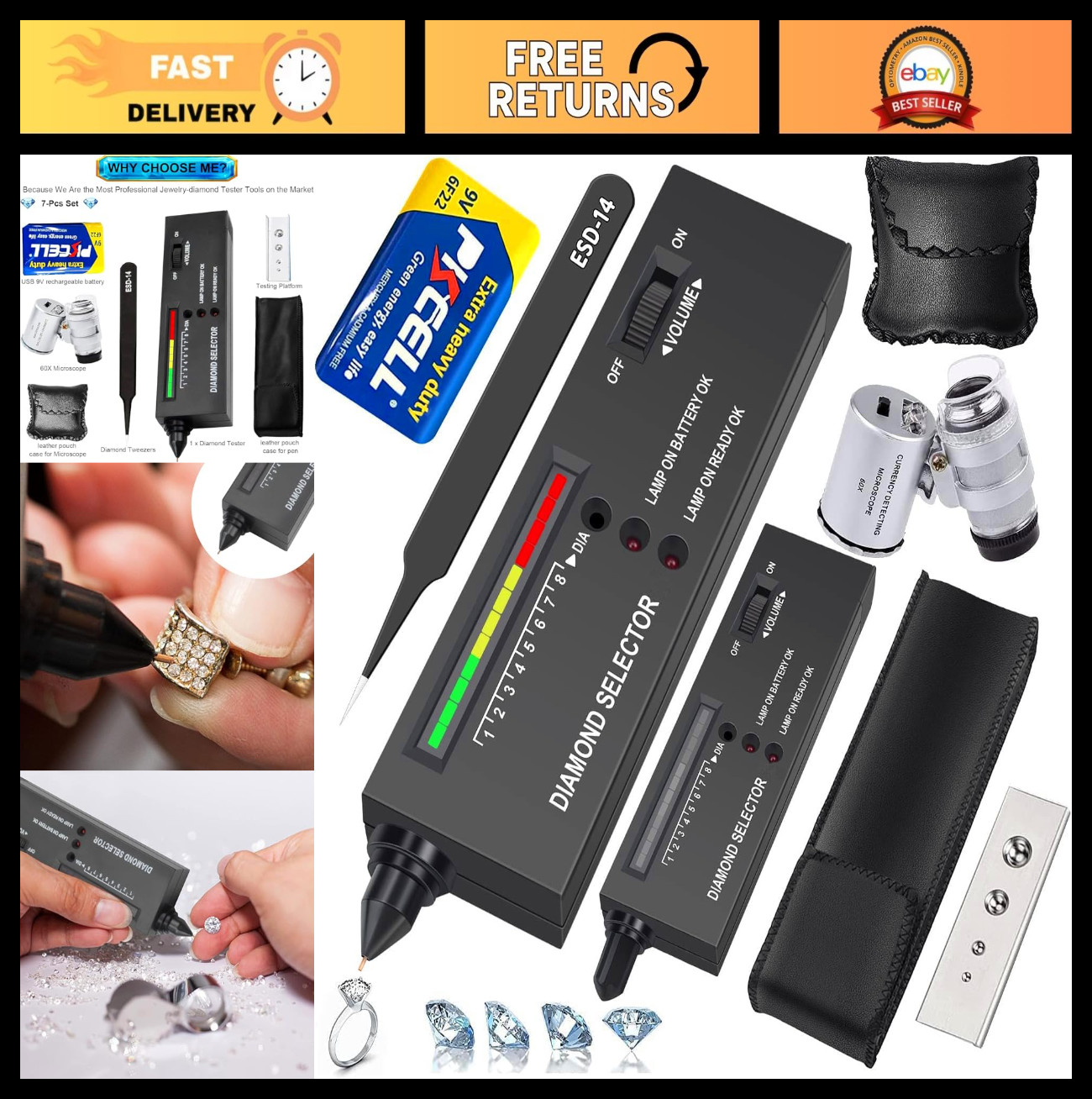 High Accuracy Diamond Tester Pen with 60X Magnifying Glass - Jewelry Gem Tool