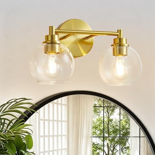 Bathroom Vanity Lights Wall Sconce with Glass Globe Shade, Vanity 2-Light Gold