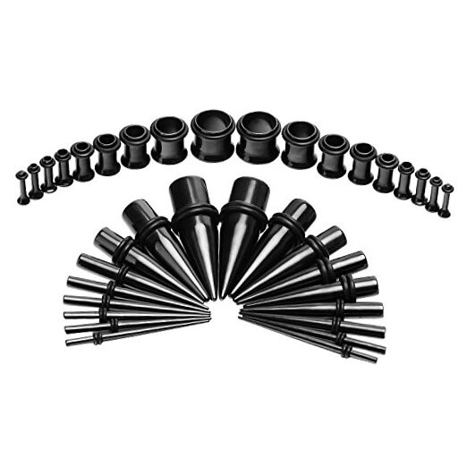  14G-00G 36 pcs Ear Gauges Stretching Kit Tapers Plugs Eyelets Implant Black