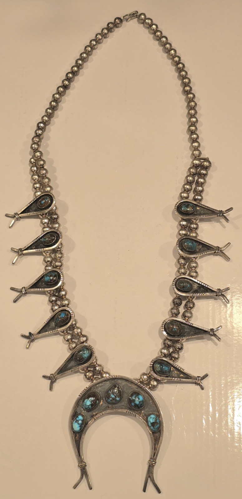Vintage Sterling Silver & Turquoise Squash Blossom Necklace 28" 194g - 1960s 