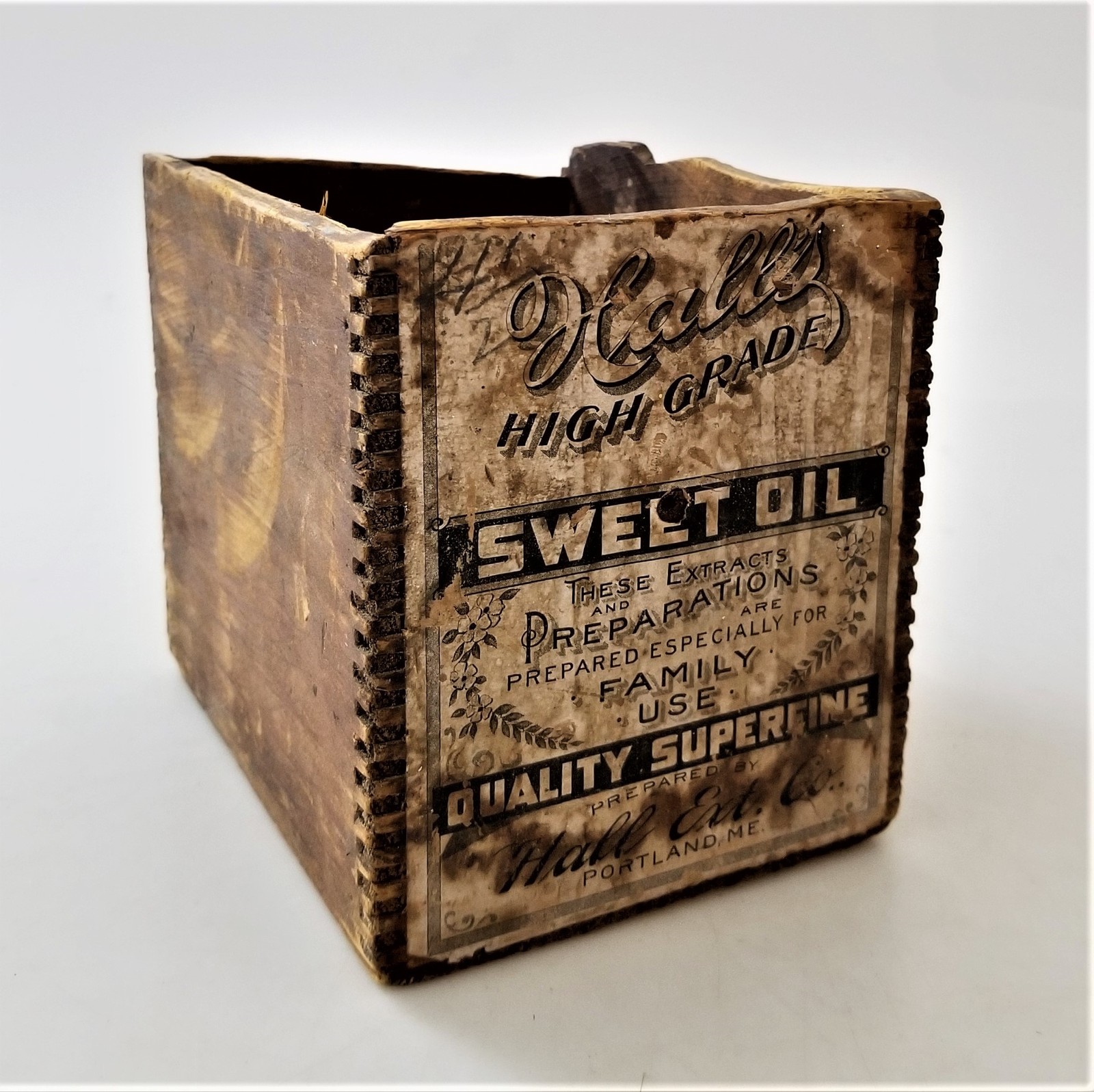 antique HALL'S SWEET OIL wood CRATE portland me quack medicine box label prim