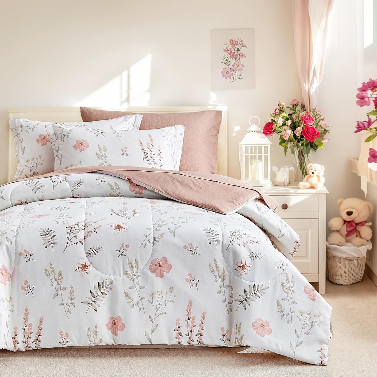 7Pcs Cotton Comforter Sheet Set for Girls, Queen Size Bed in a Bag, Pink Flowers