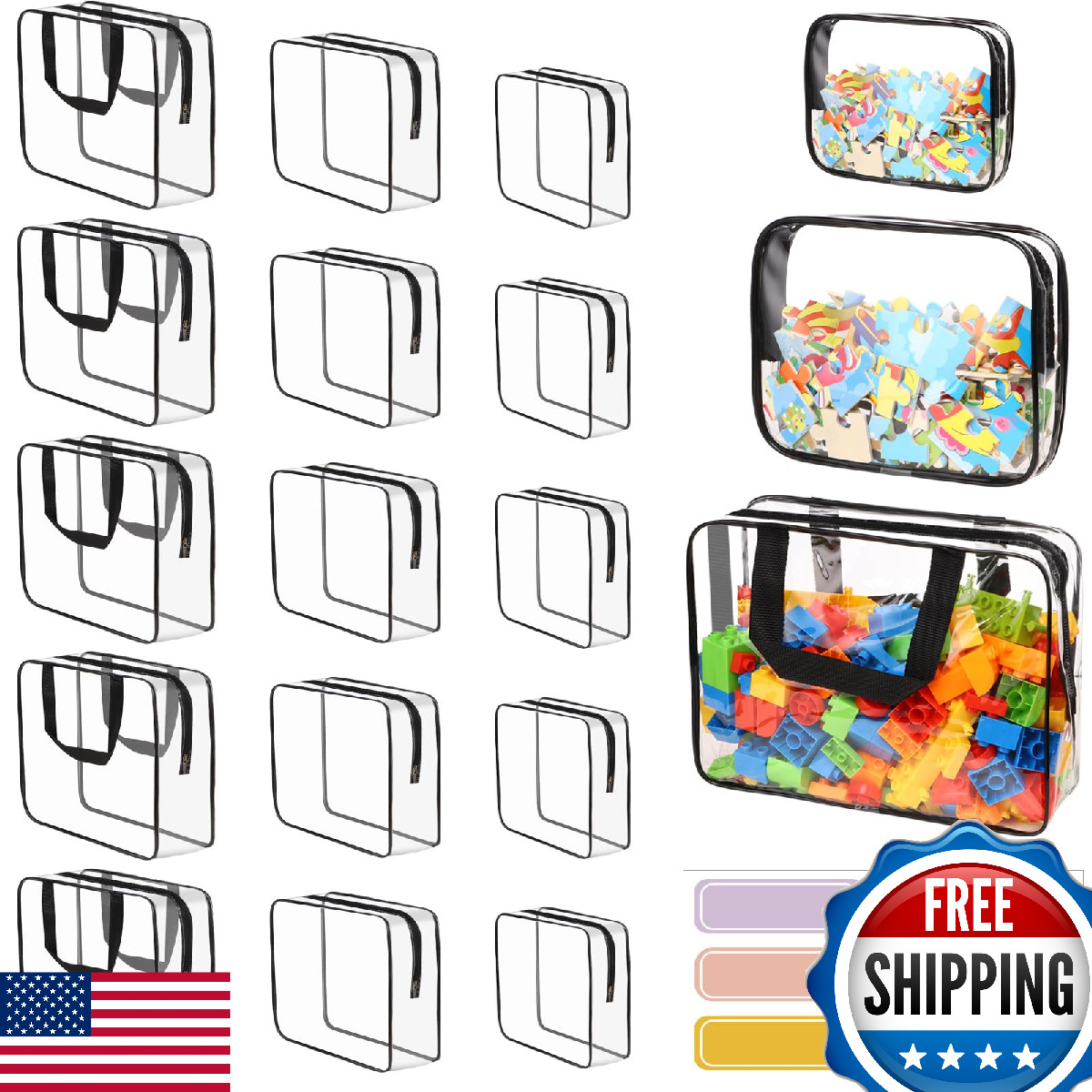 18-Pack Clear PVC Toy Storage Bags w/ Labels - 3 Sizes, Waterproof, Durable Zip