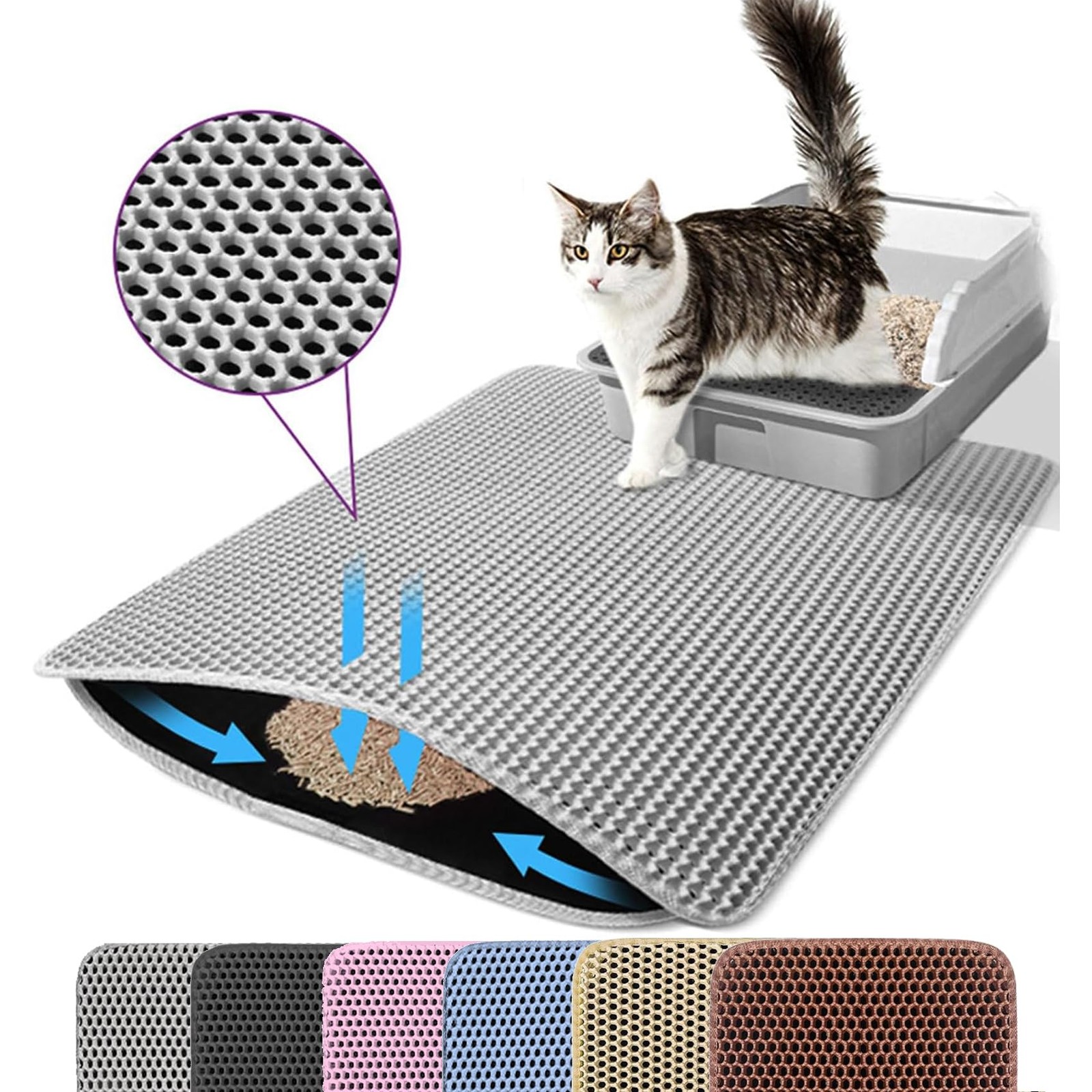 Petinstinct Cat Litter Mat 24x18in Honeycomb 2-Layer Non-Slip Waterproof Gray