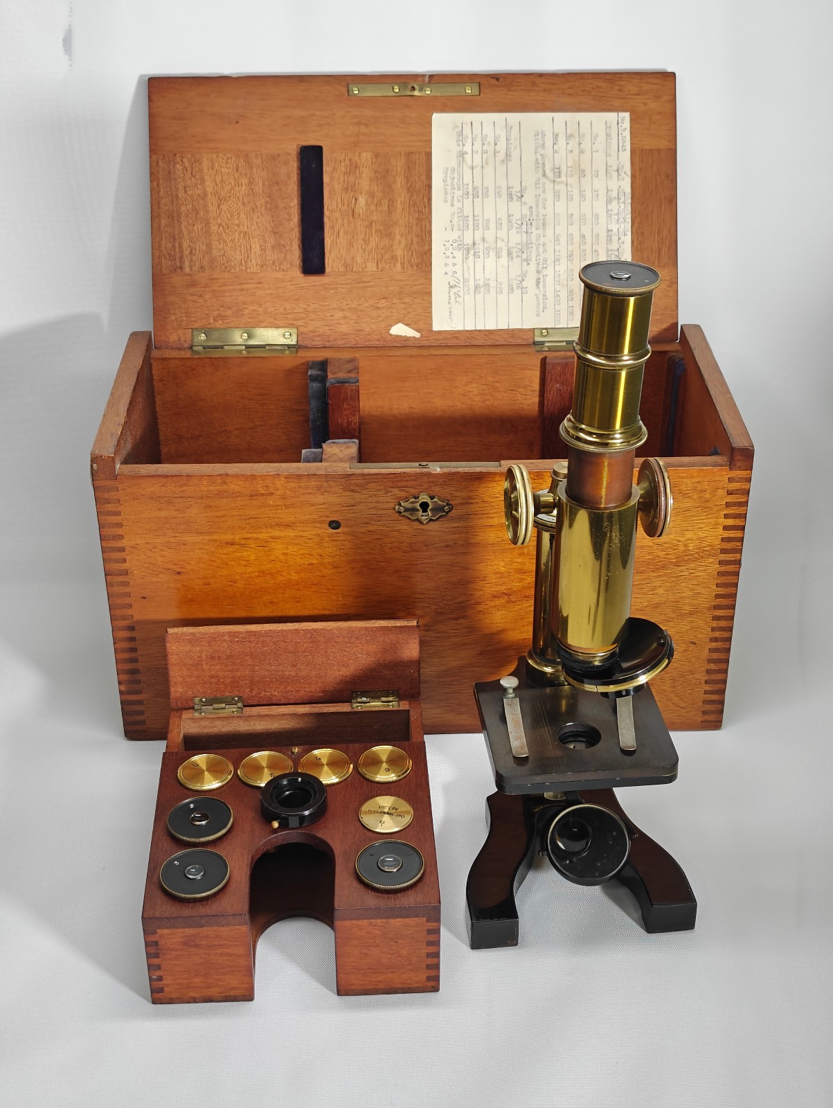 Vintage Brass Microscope With Lenses and Original Box From Early 20th century