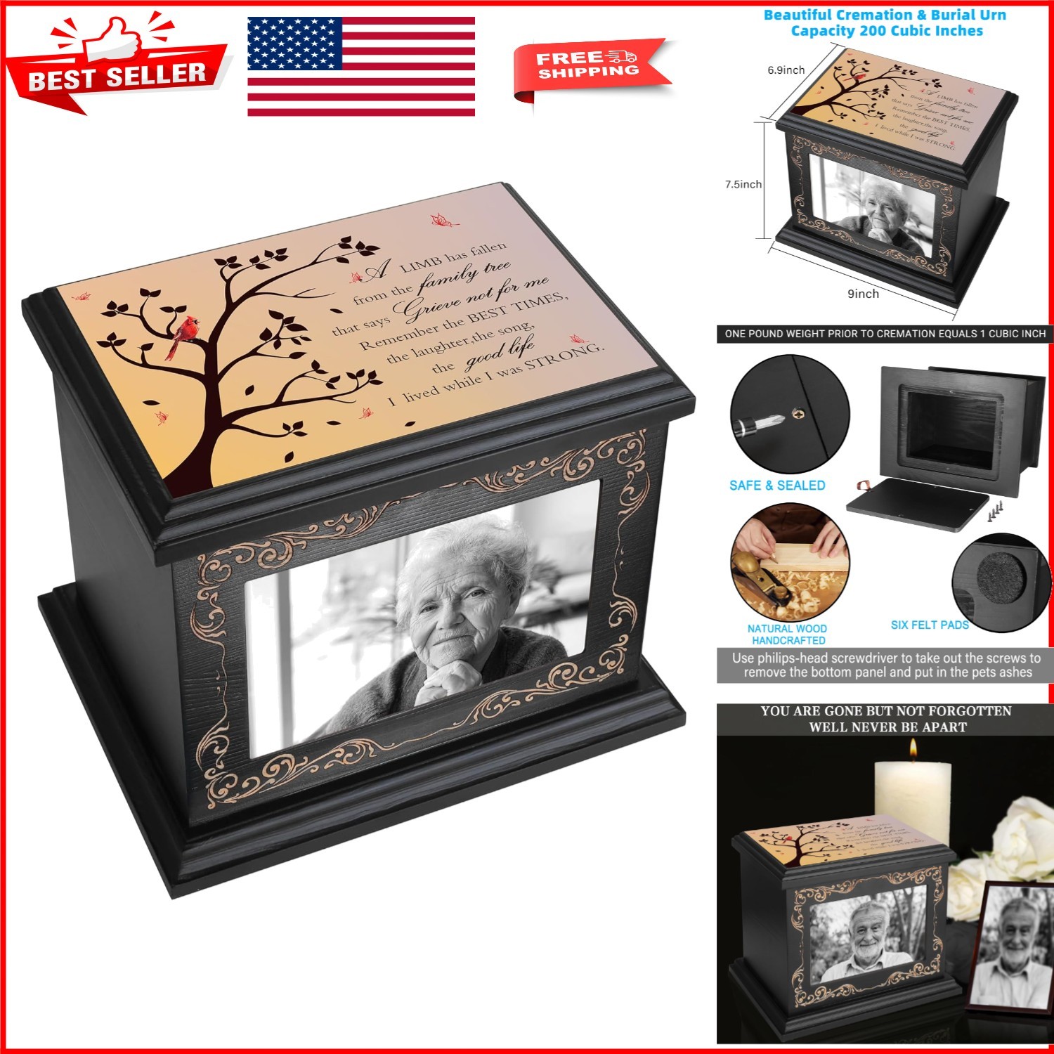 Elegant Black Rustic Urn for Ashes - Holds 200 Cubic Inches with Photo Frame