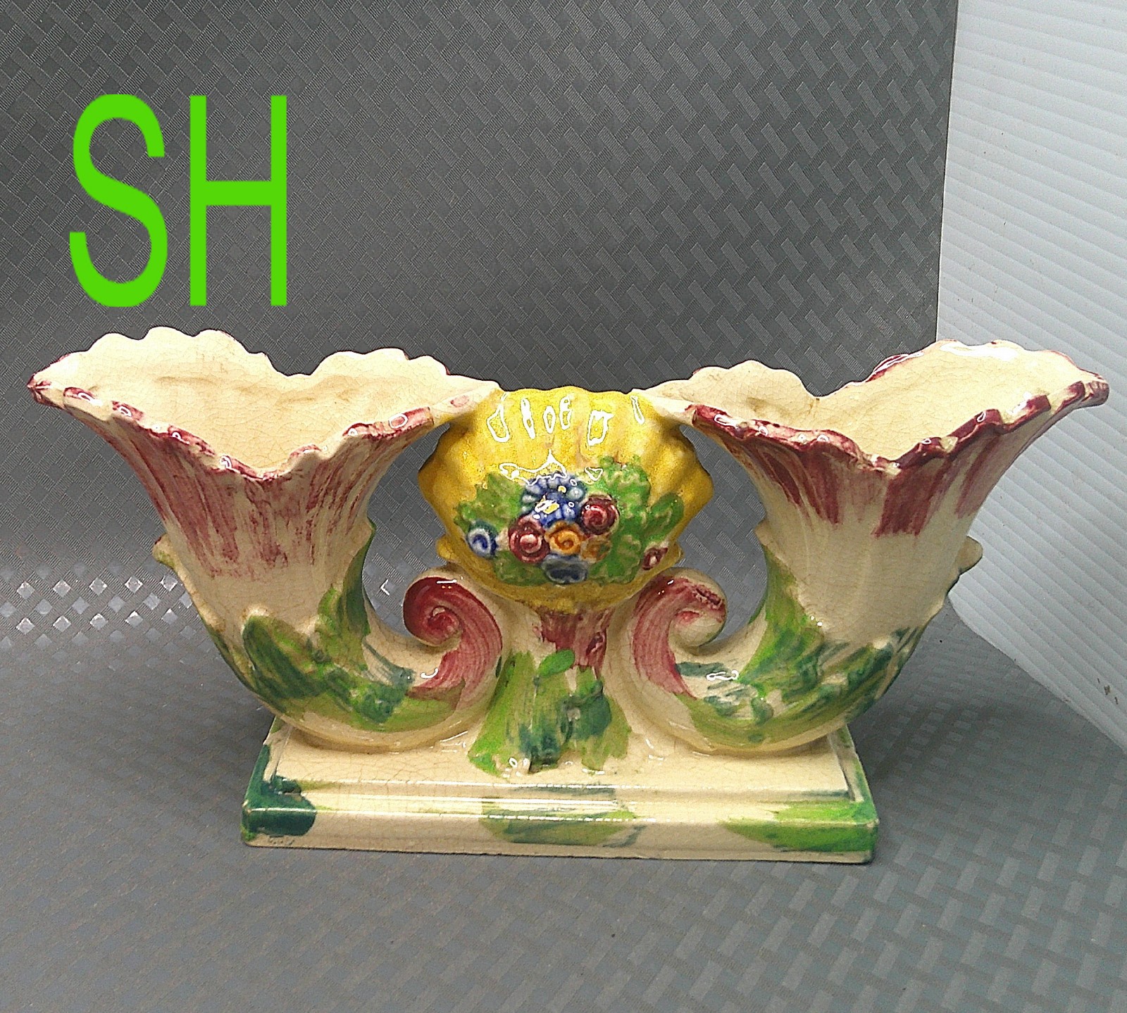 Vintage Double Vase Planter Floral Seashell Cornucopia Horns Provincial Japan