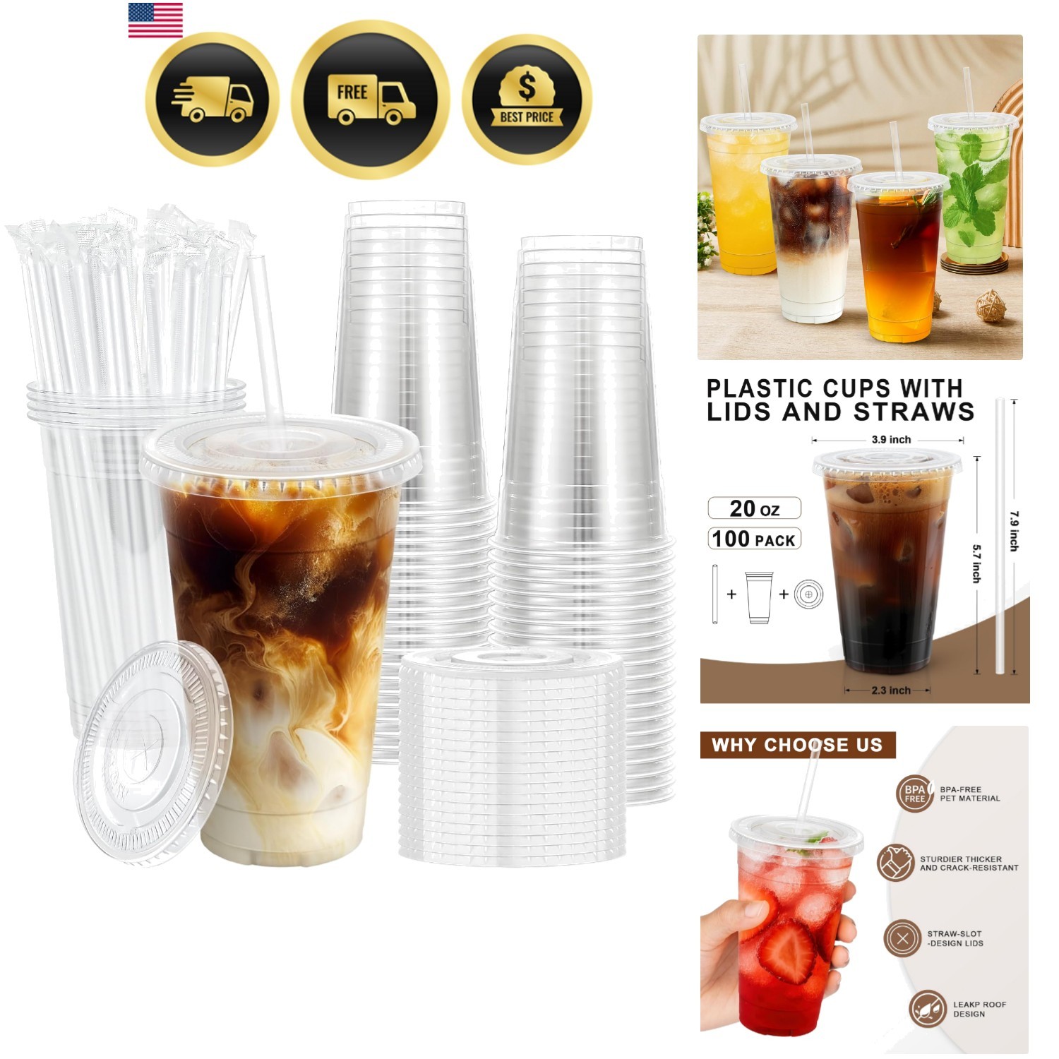 100 Pack 20 oz Clear Plastic Cups with Lids and Straws, Disposable Iced Coffe...