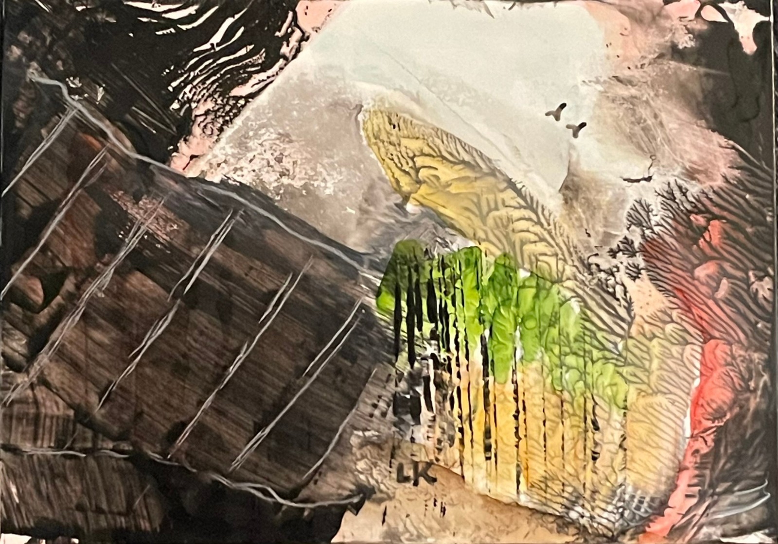 ACEO original birds landscape trees painting by Lynne Kohler 2.5x3.5"