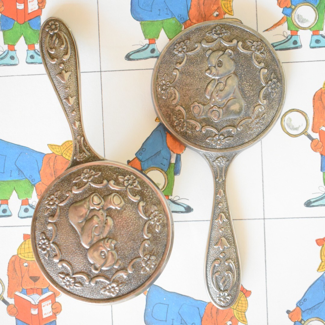 VTG Cute Silverplate Teddy Bear Vanity Mirror And Brush Set