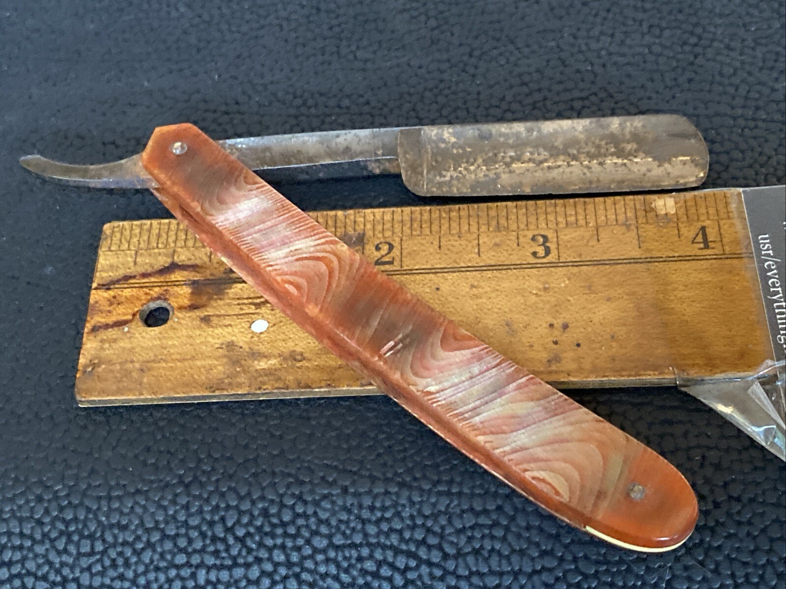 Early Plastic Marble Swirl Rust Brown Red Orange Handle Straight Razor Unbranded