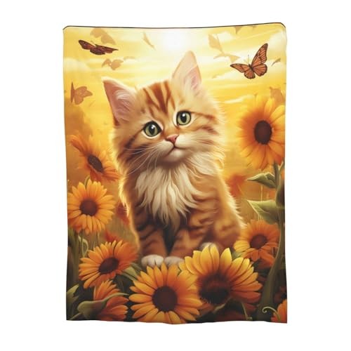 Cute Cat Blanket Gifts for Girls Women Kids Soft Warm 60"x50" Sunflower Cat