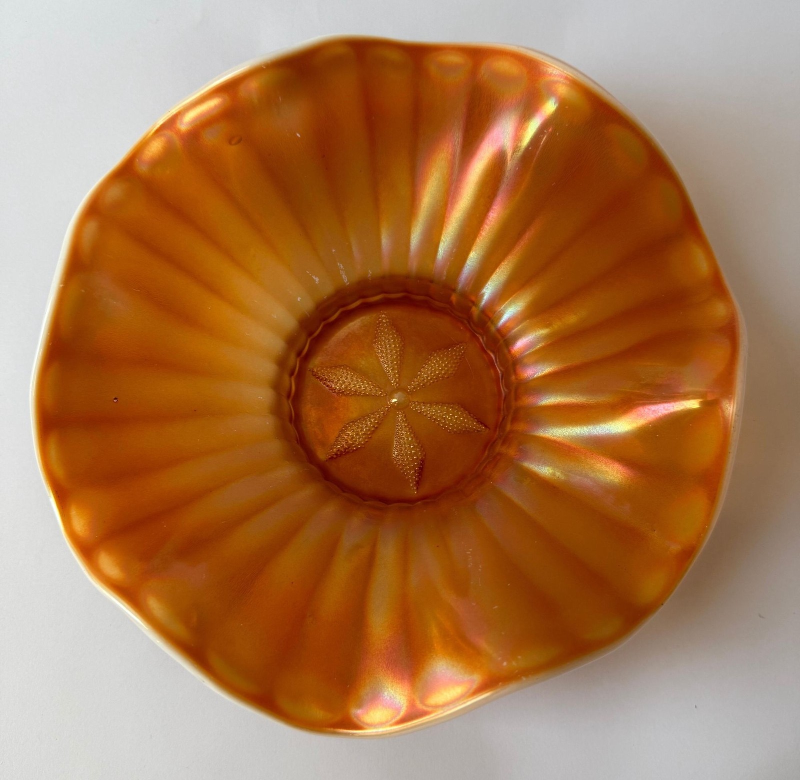 Antique Dugan Stippled Flower Peach Opal Carnival Glass Ruffled Bowl