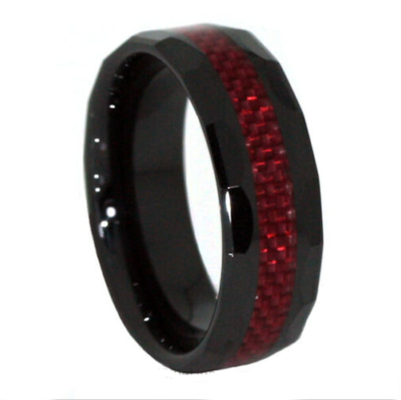 Ceramic Red Line Ring Black with Fiber Inlay 8MM Sz 7-15 some 1/2 Clearance