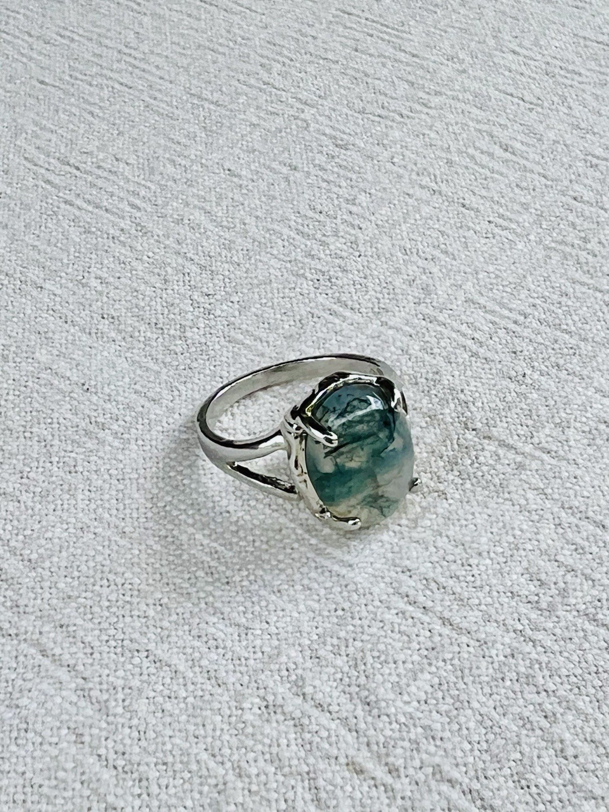 Silver Tone Moss Agate Large Blue Green Stone Statement Ring Size 7 Jewelry