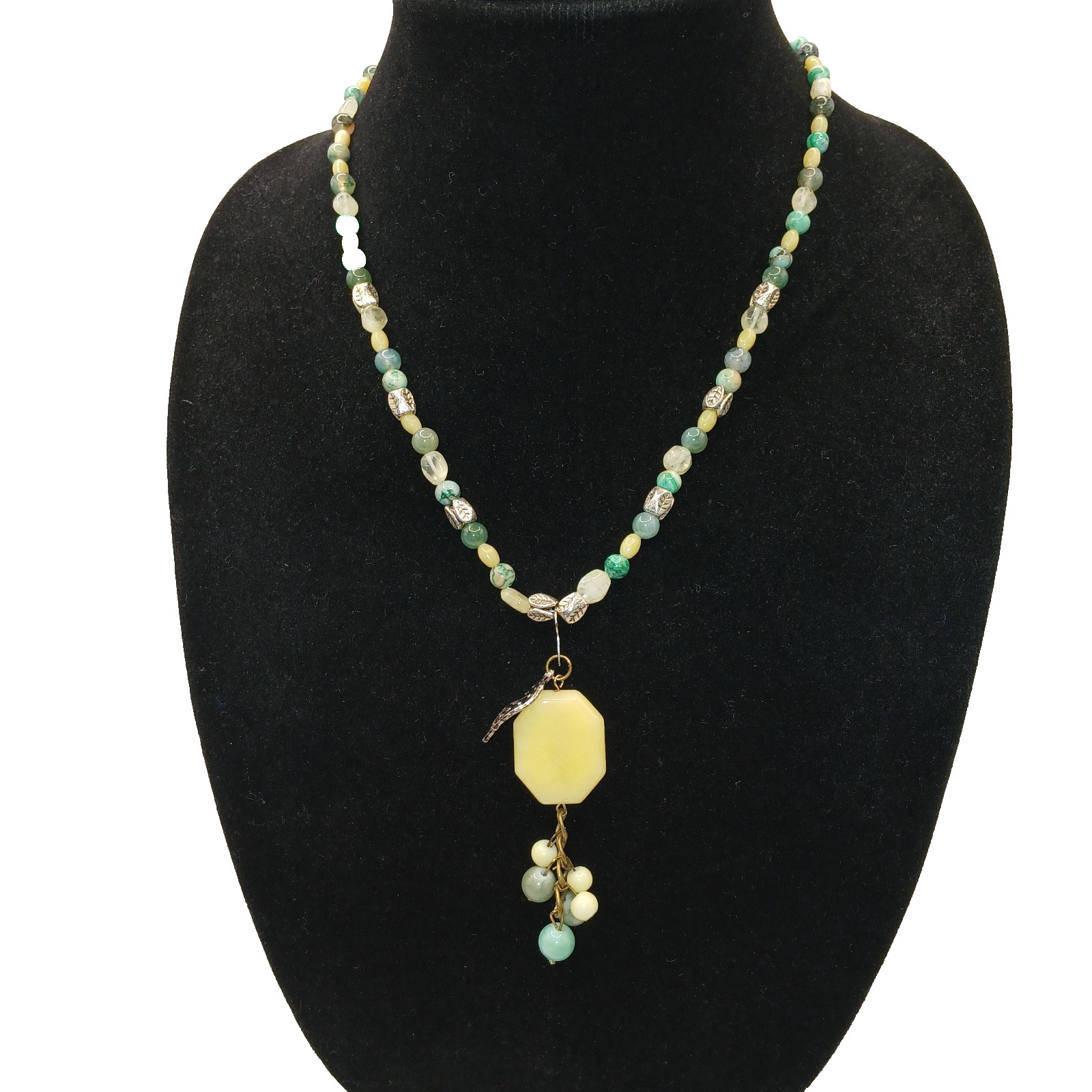 OOAK Beaded Gemstone Necklace Yellow Green & White Agate & Candy Jade 20 inches