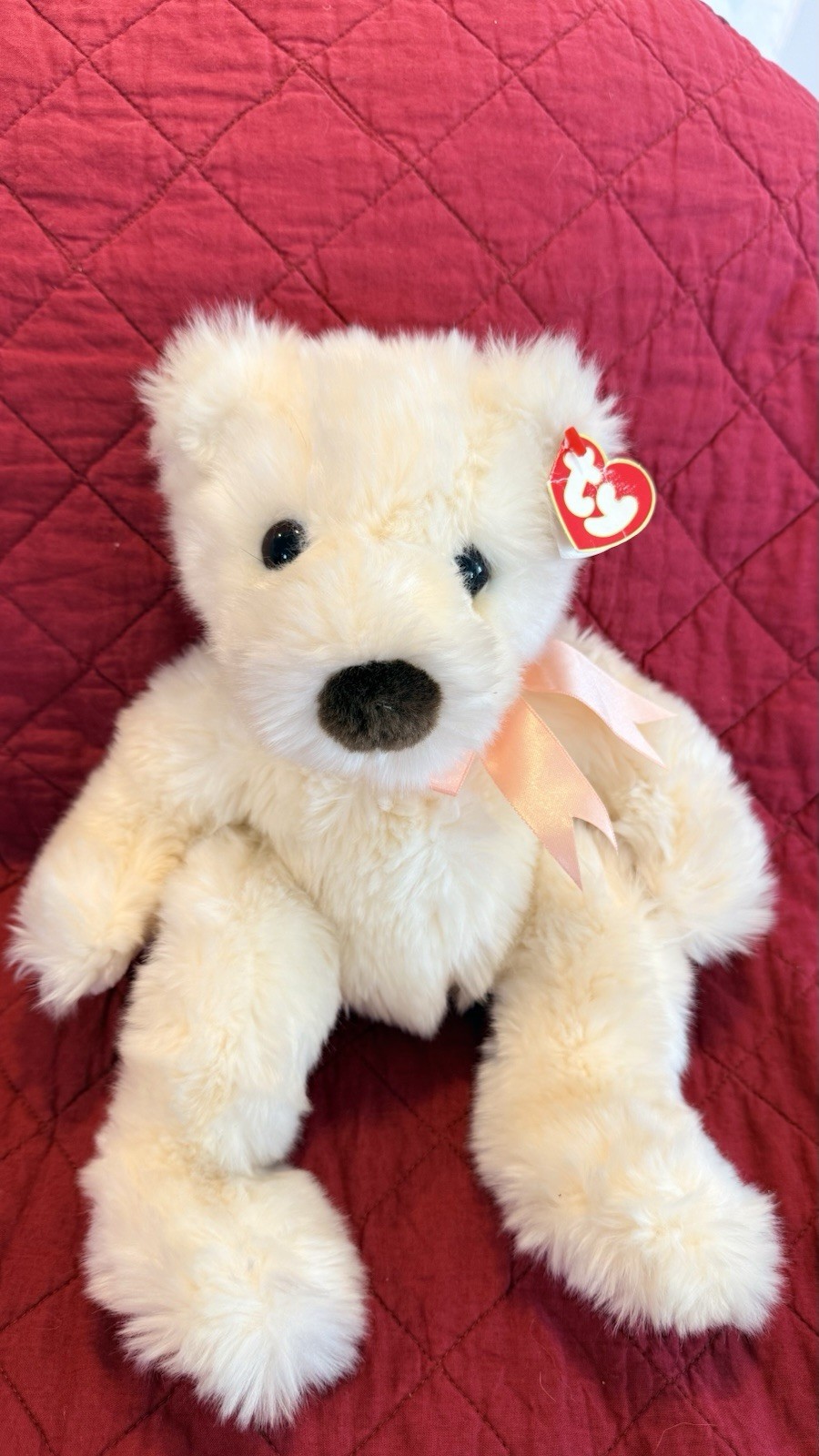 Vintage 1996 TY Teddy Bear Beanie w/ Ribbon Collar 14” Cream Beige