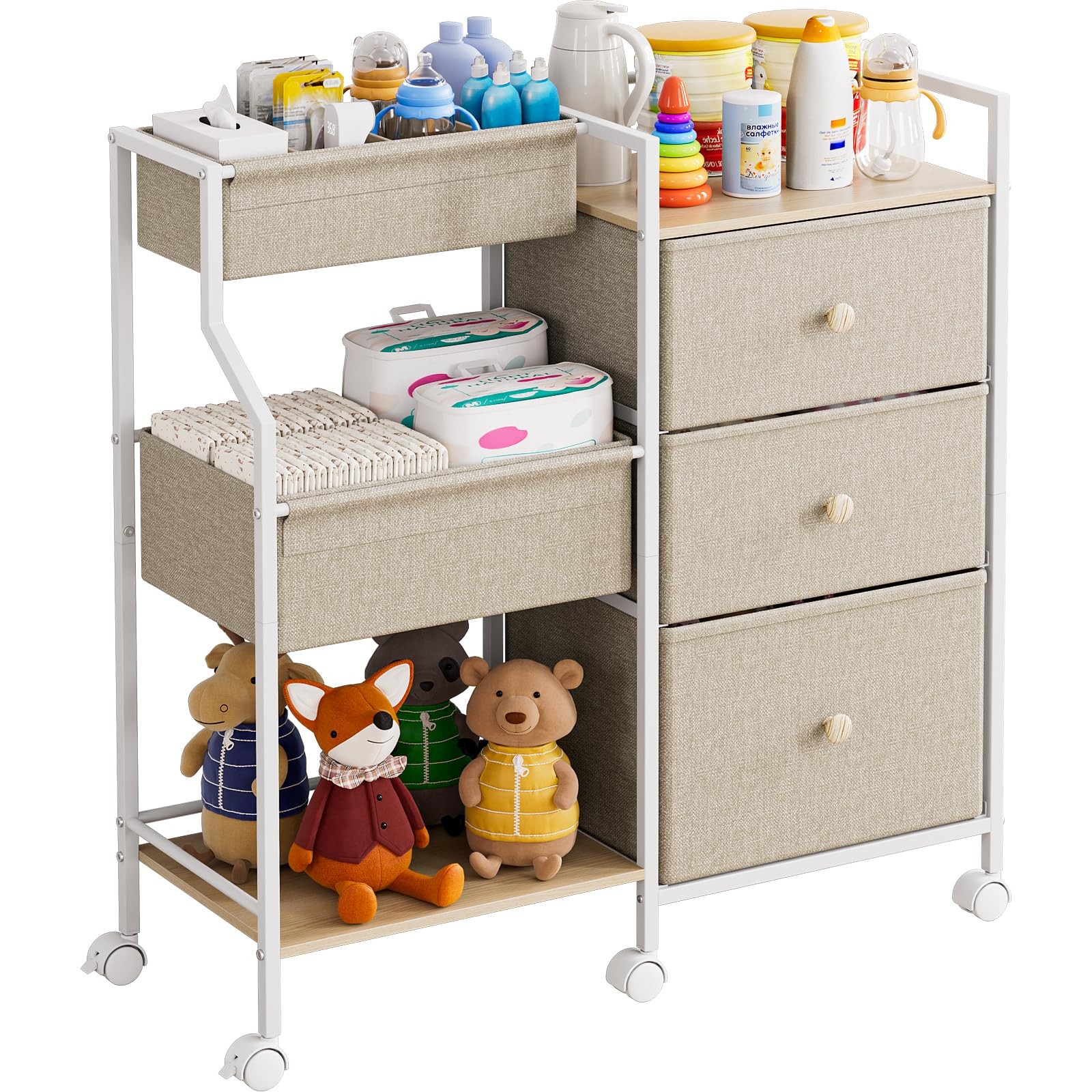 Baby Organizer and Storage - 3 Tier Rolling Cart with Dividers and Drawers, E...