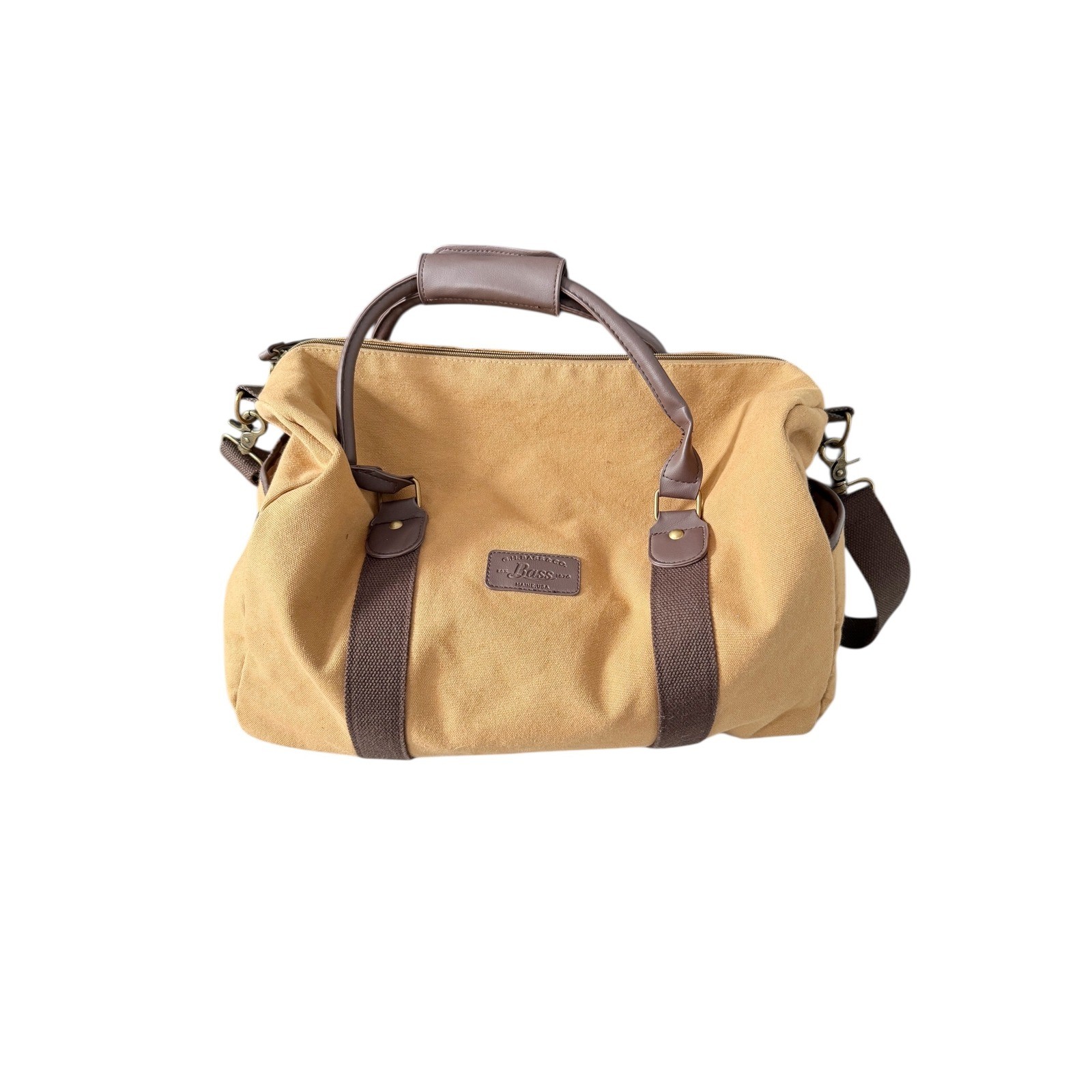 GH Bass & Co Tan Canvas Duffel Bag Brown Trim Weekender Travel Gym Bag 16x12x7