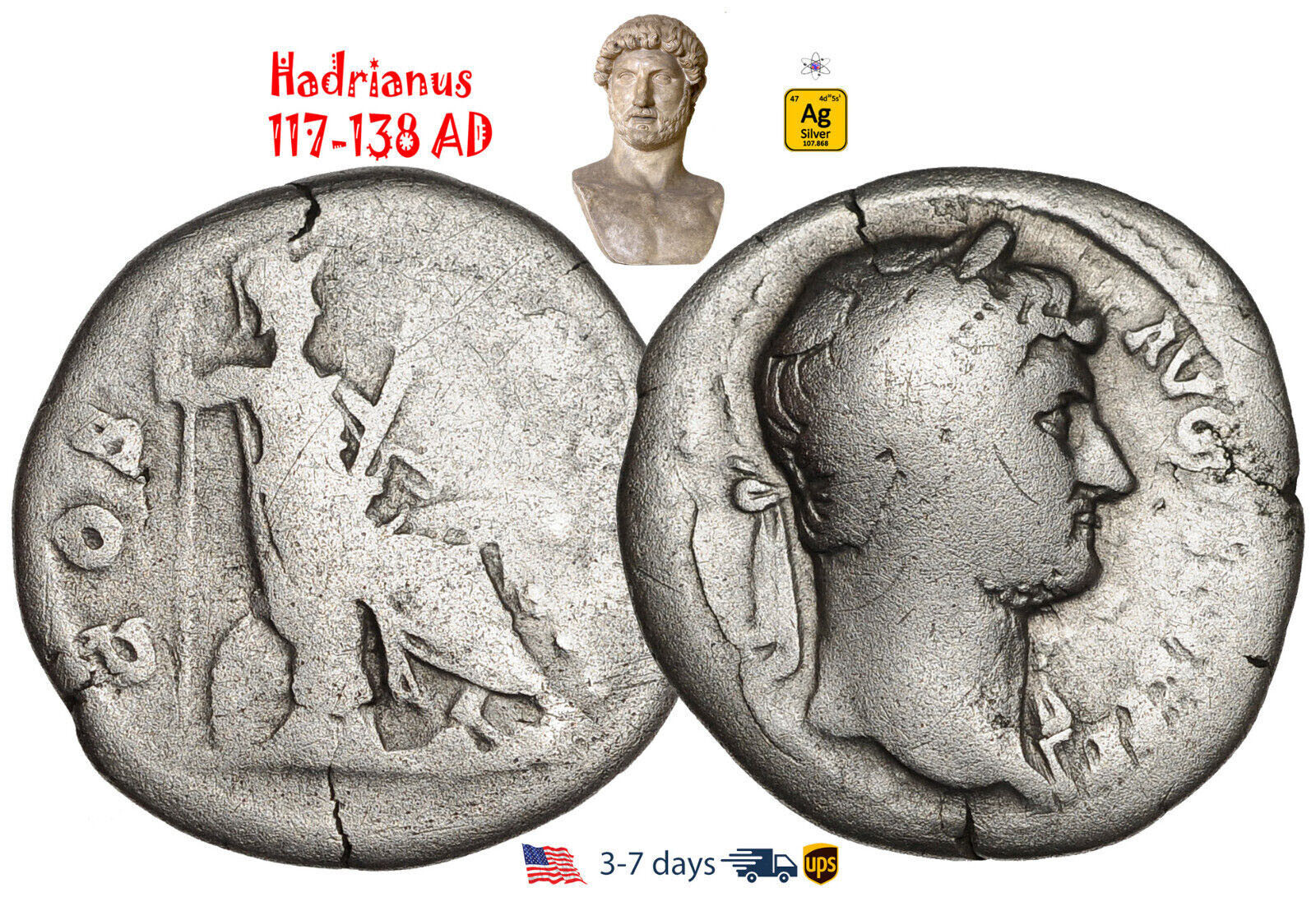 Ancient Roman Empire Coin Silver Denarius Hadrian 117 - 138 AD Authentic #30739