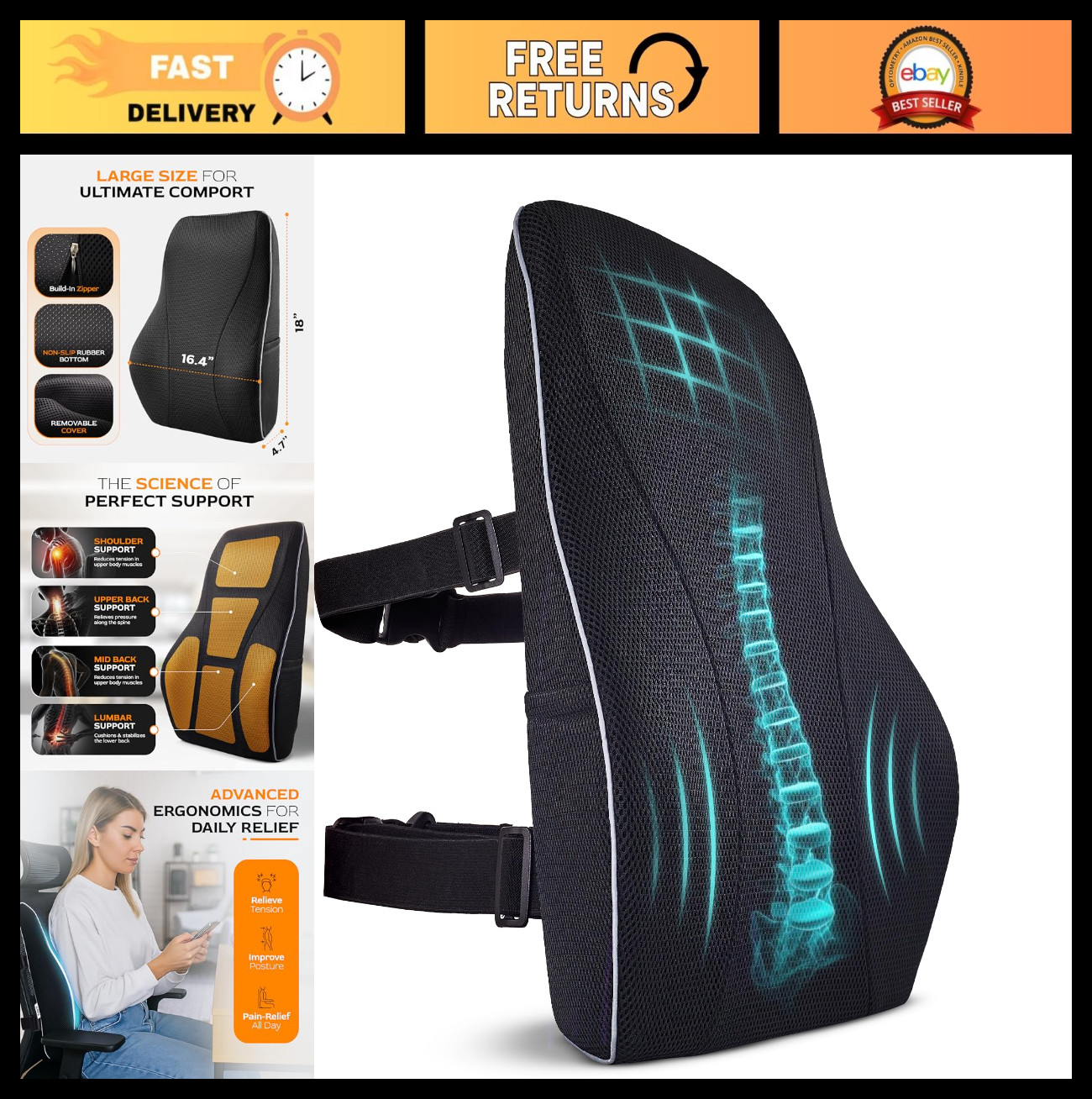 Extra Dense Lumbar Support Pillow with Adjustable Straps - Ergonomic Back Cushio