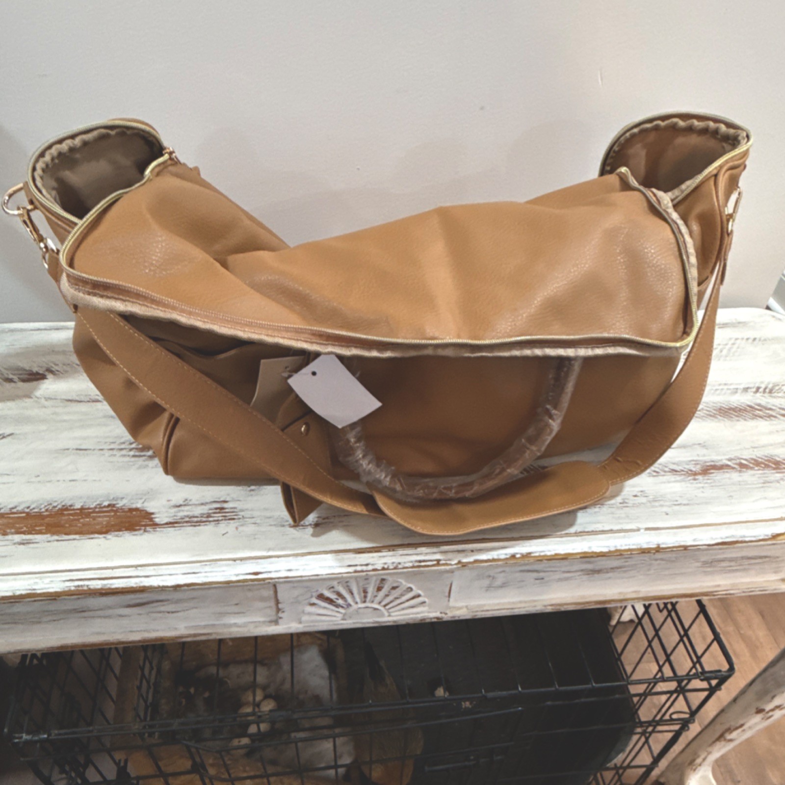 JustFab Tan Faux Leather Duffle Bag Women Adjustable Strap Zipper Carry On