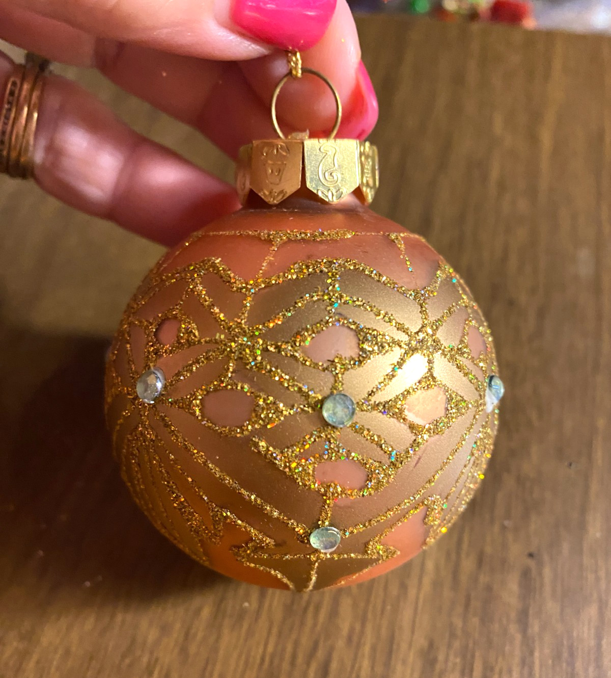 Blown Glass Gold Ball w Glitter & Rhinestones Christmas Ornament 2 1/4"