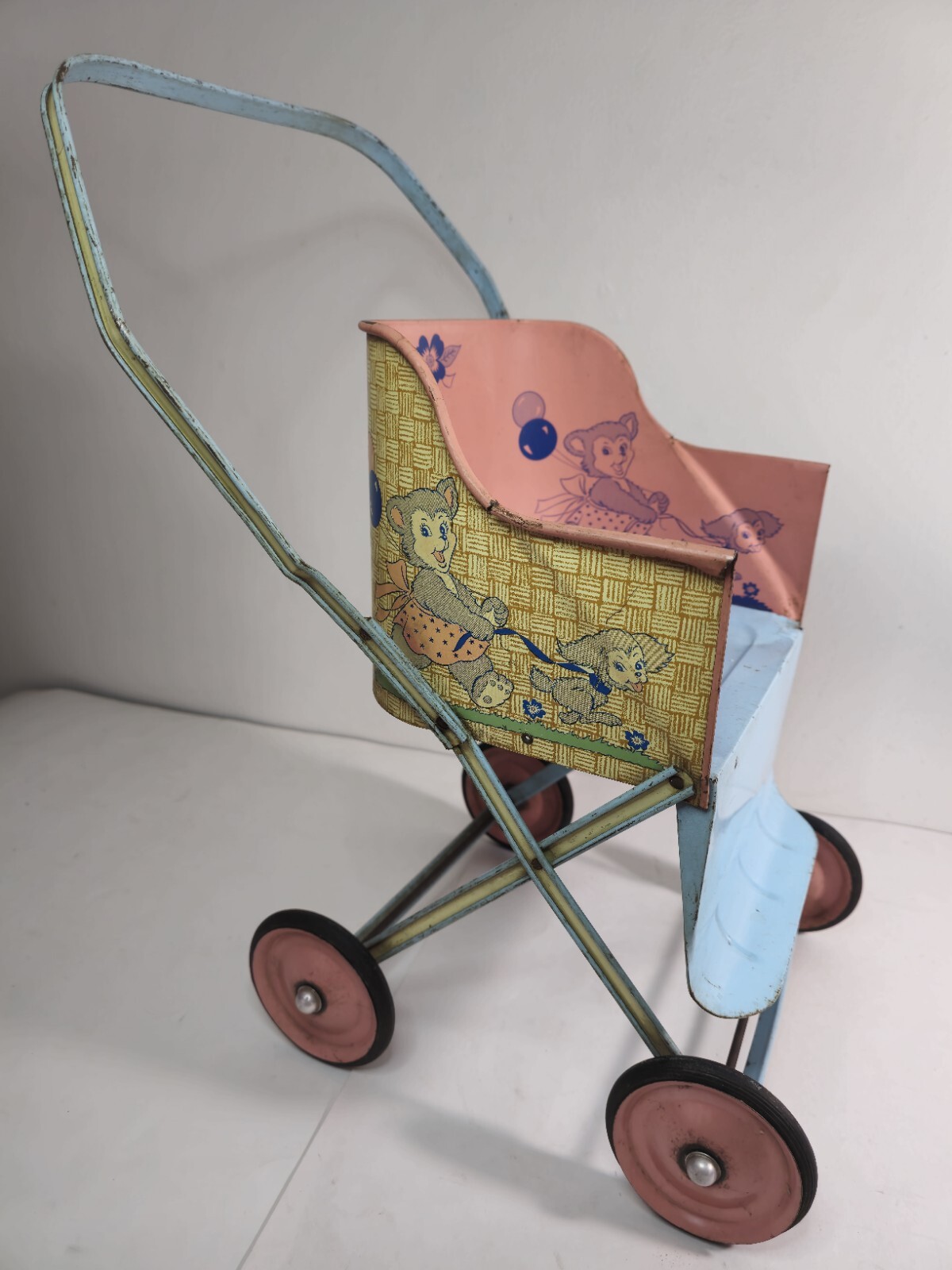 Vintage 1950's Baby Doll Stroller Ohio Art Tin Litho Metal Pink Blue Bears & Dog