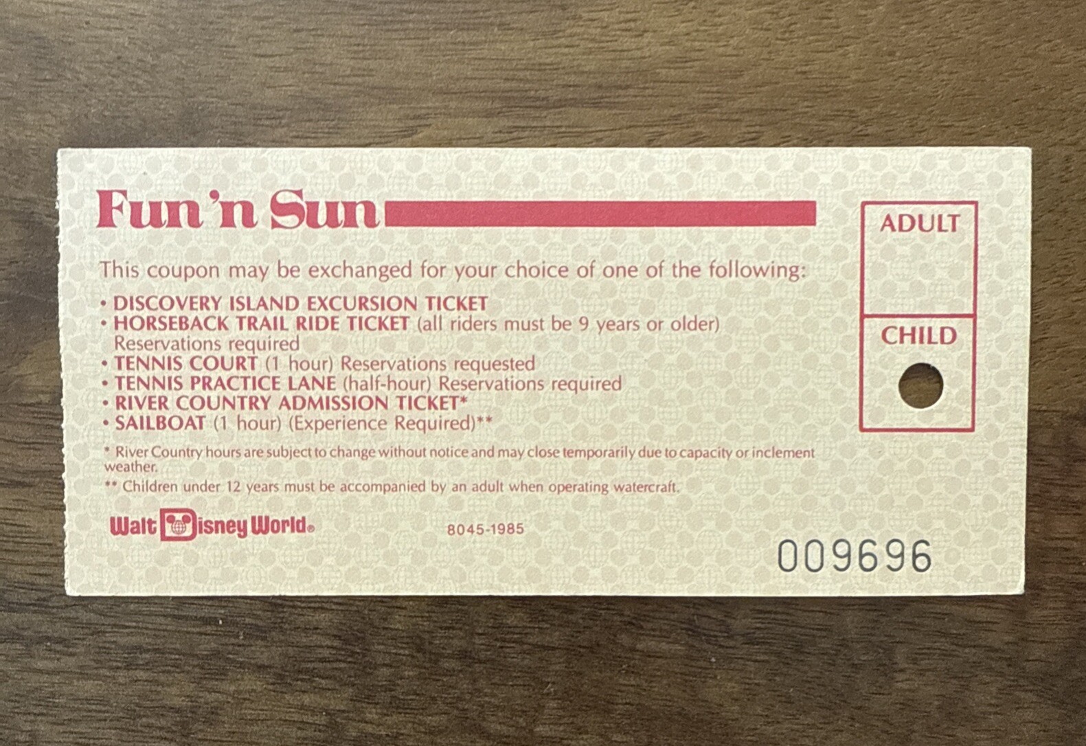 RARE Vintage 1984 Walt Disney World Fun ‘N Sun Vacation Kingdom Ticket Child