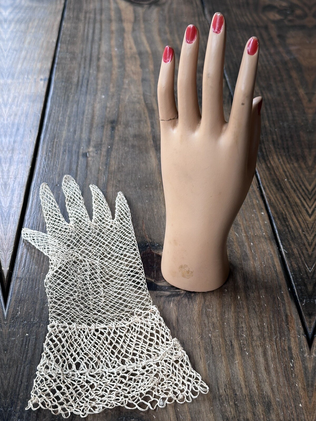 Industrial Vintage Glove Ring Mold Display Painted Red Nails Hand & Glove Prop