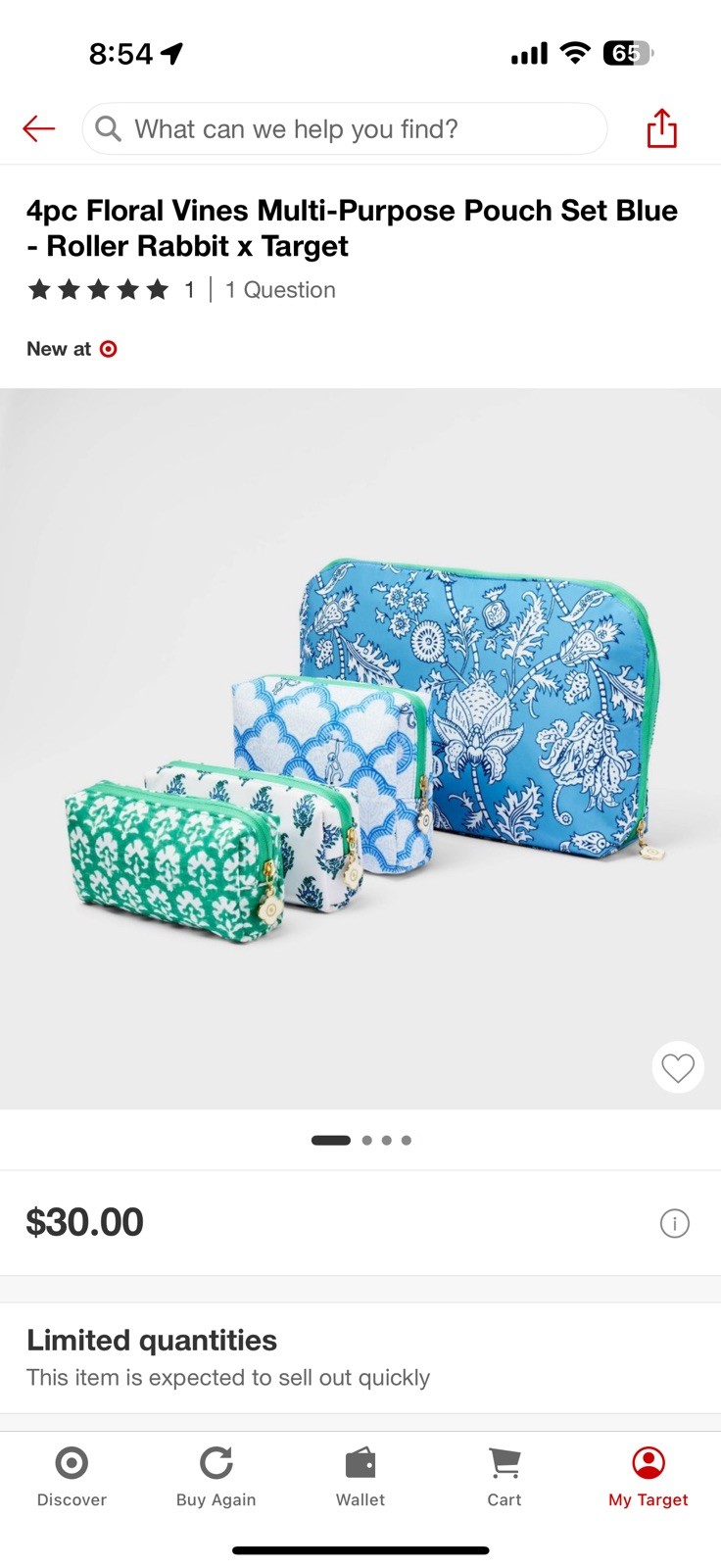 Roller Rabbit x Target 4pc Floral Vines Makeup Bag Set Blue Green White Zipper