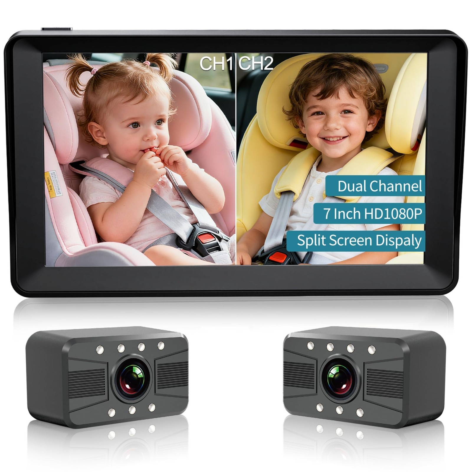 7Inch Split Screen Baby Car Camera Dual Seat Monitors Night Vision HD 1080P