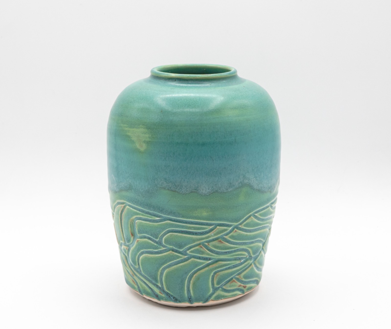 Vintage Ceramic Table Lamp Base - Blue-Green Incised Wave Design Studio Pottery