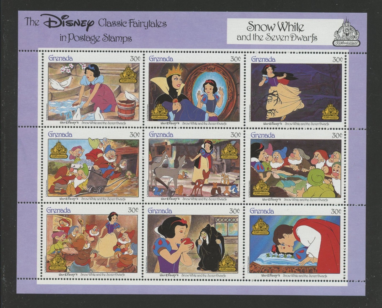 GRENADA 1540, 1987 SNOW WHITE, S/S OF 9, WITH CERTIFICATE, MNH (GRE6079)