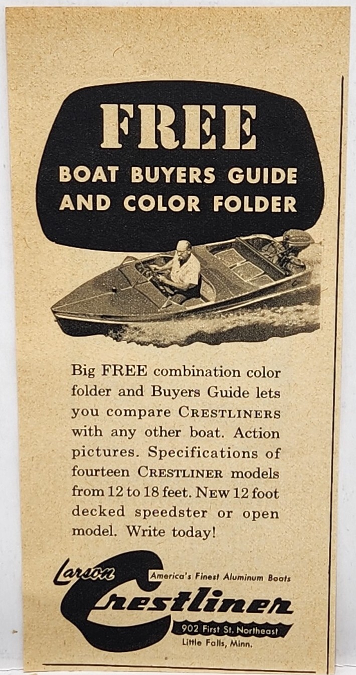 1954 Crestliner Aluminum Fishing Boats MCM Original Print Ad Little Falls MN 50s