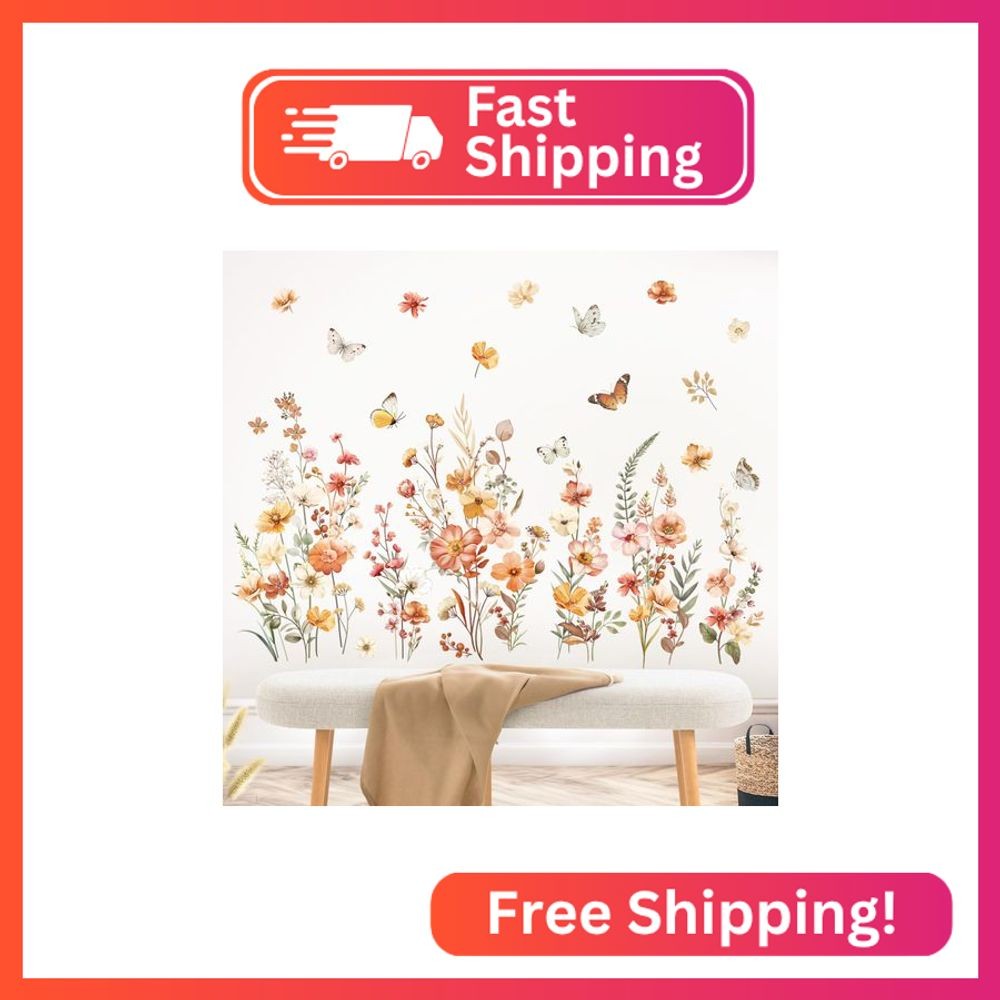 decalmile Boho Flower Wall Decals Garden Floral Butterflies Wildflower Wall Stic