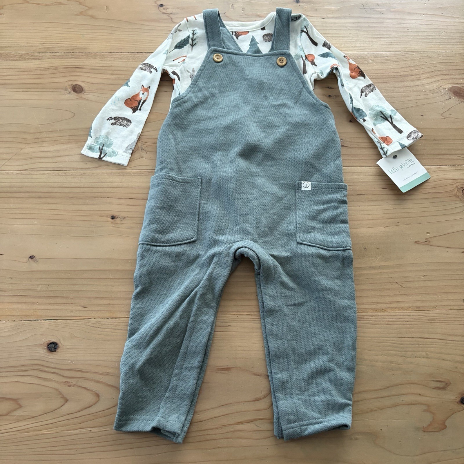 Little Planet by Carters Organic Cotton Knit Baby Overalls Set Green animals NEW