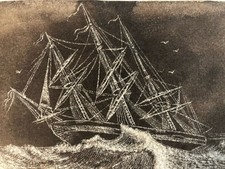 Beau Dessin Encre Grattage XIXe Bateau Mer Océan À Identifier Papier Art Ancien