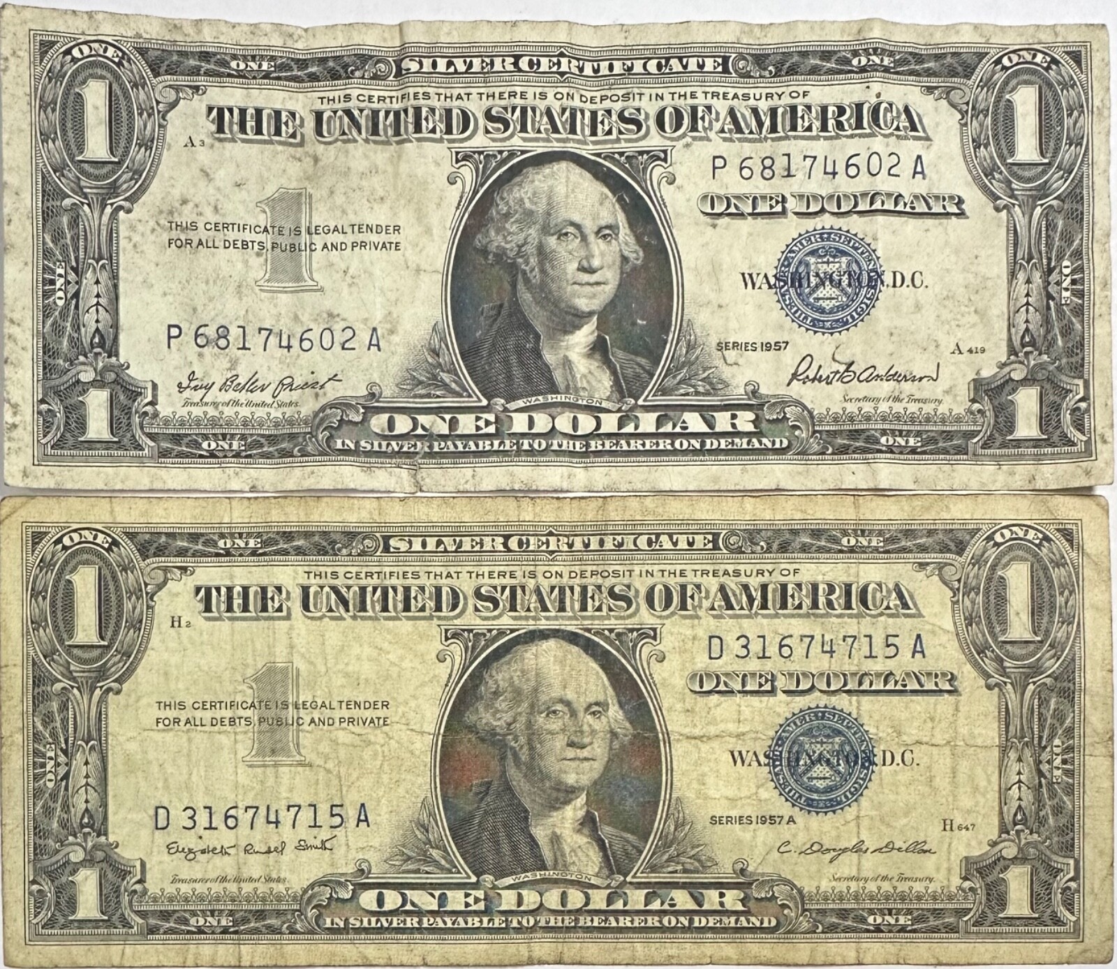 1957 and 1957 A Series U.S. One Dollar Silver Certificate Blue Seal Notes