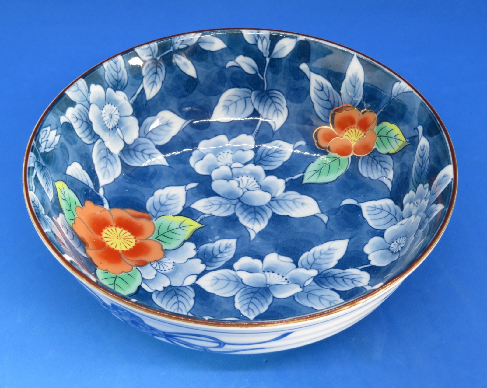 Japanese blue glaze vintage Art Deco oriental antique floral design bowl