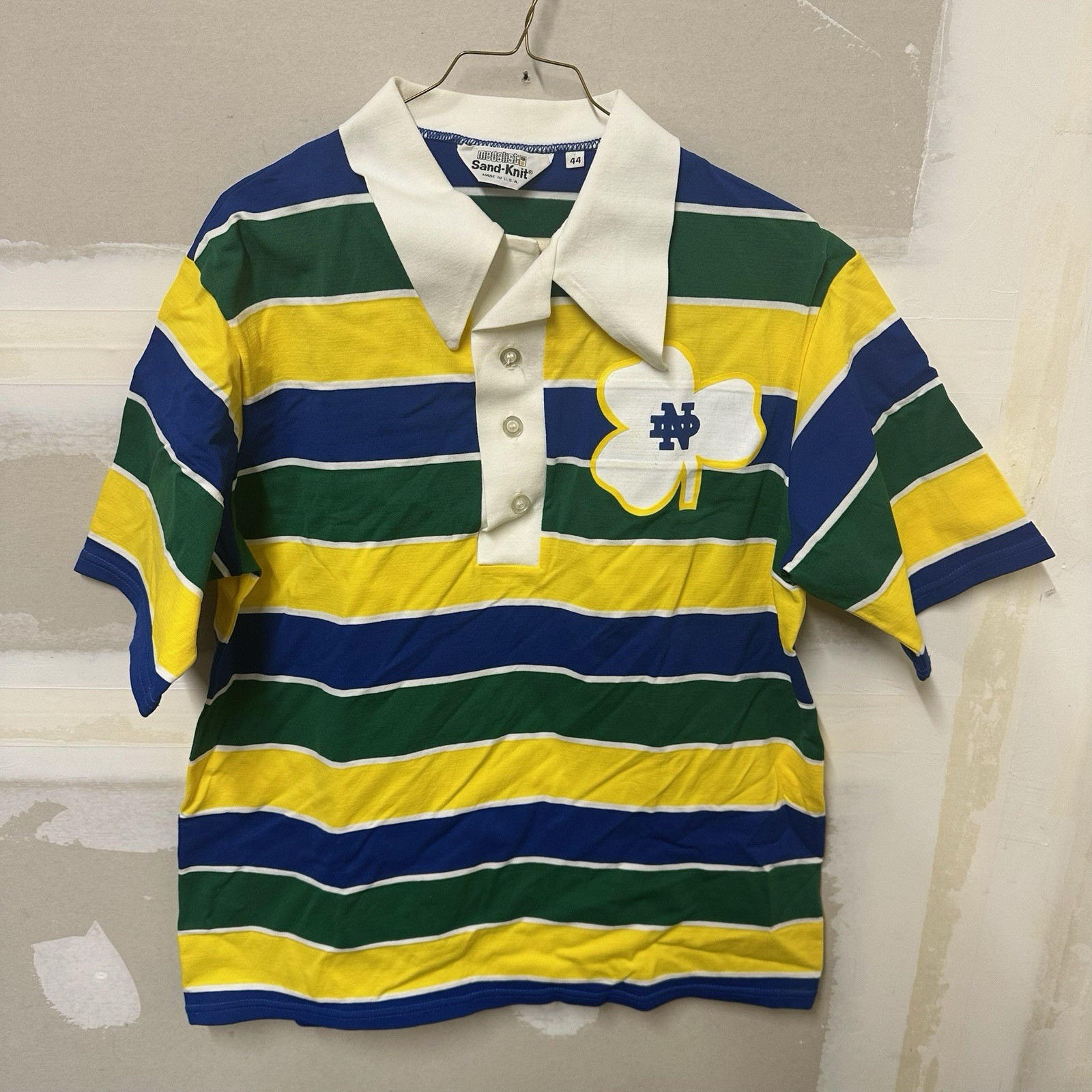 Vtg 70s 80s Notre Dame Fighting Irish Sand-Knit Rugby Polo Shirt XL Shamrock