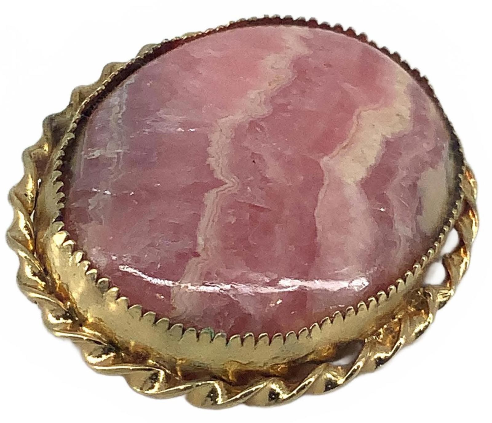 Vintage Rhodonite Mid Century Brooch Goldtone Pink Stone Oval Cabochon Pin
