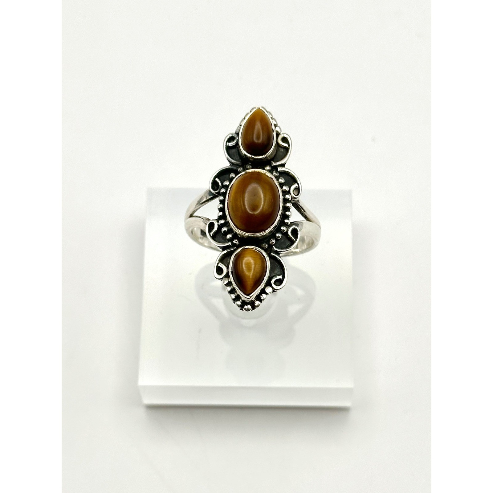 Tigers Eye 3 Stone Sterling Silver Handmade Ring Size 9
