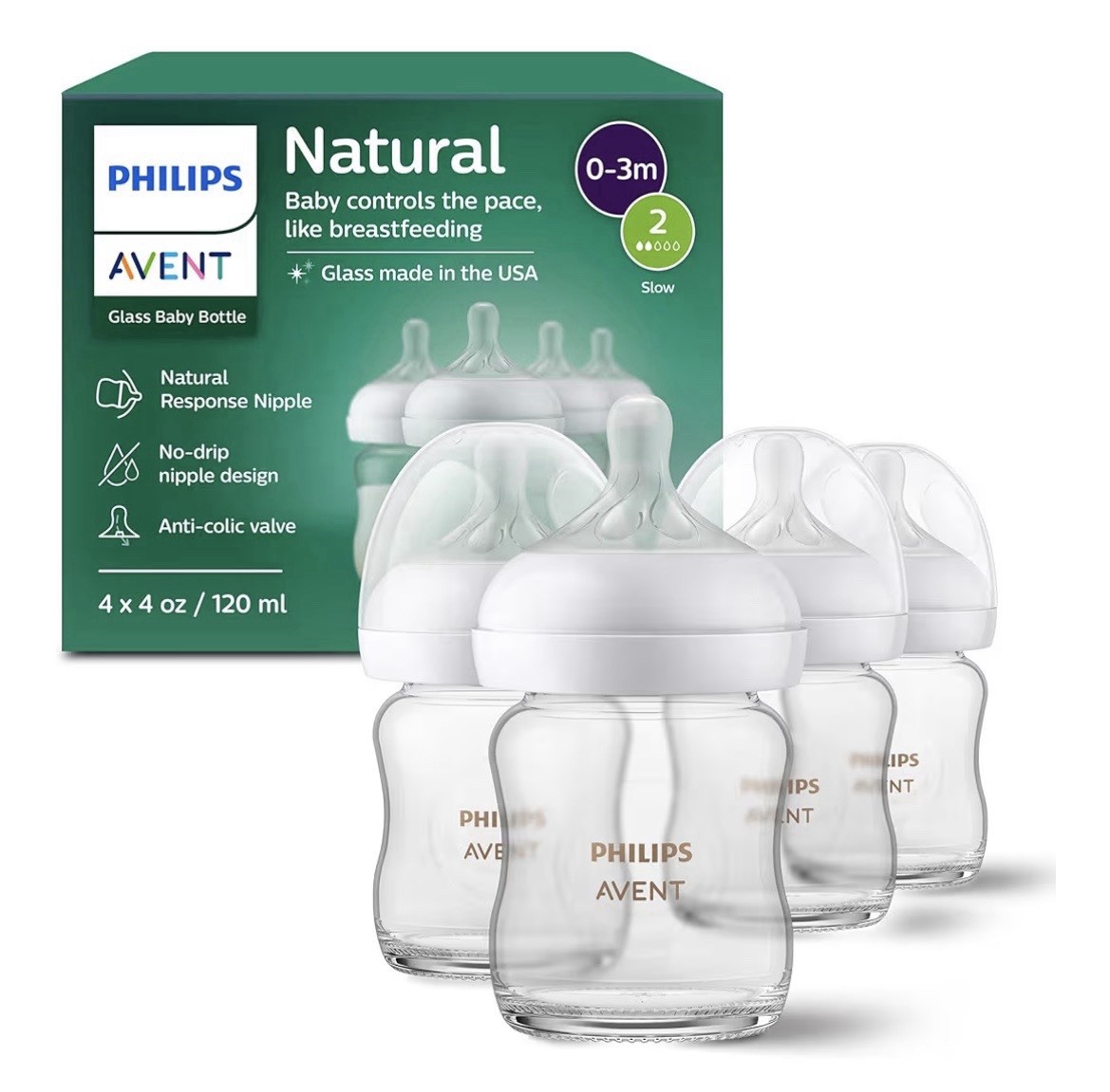 Philips Avent Glass Baby Bottles 4fl Oz (4 Pack) 2 - Level 2, 2 - Level 3