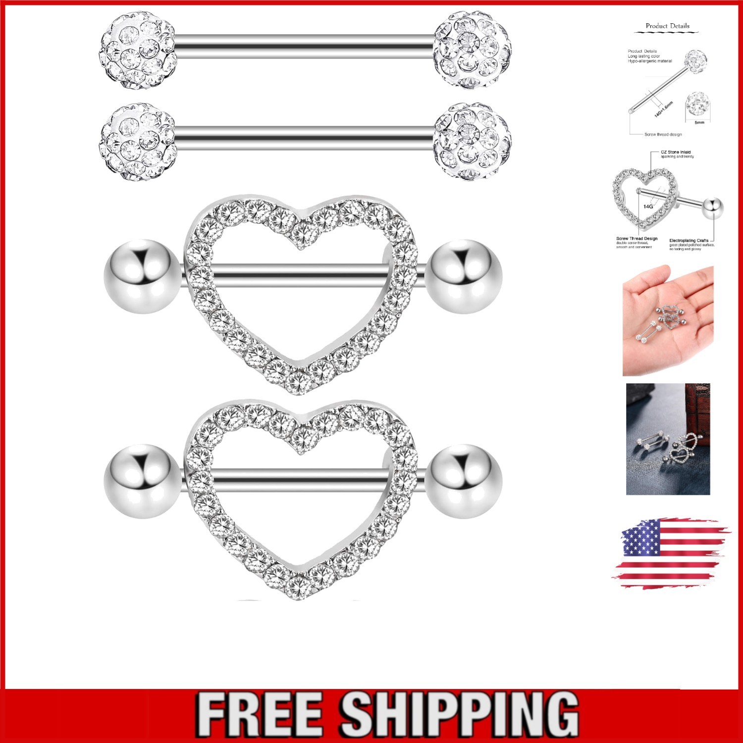Versatile 2-Pair Stainless Steel Tip Ring Jewelry for Elegant Tongue Piercings
