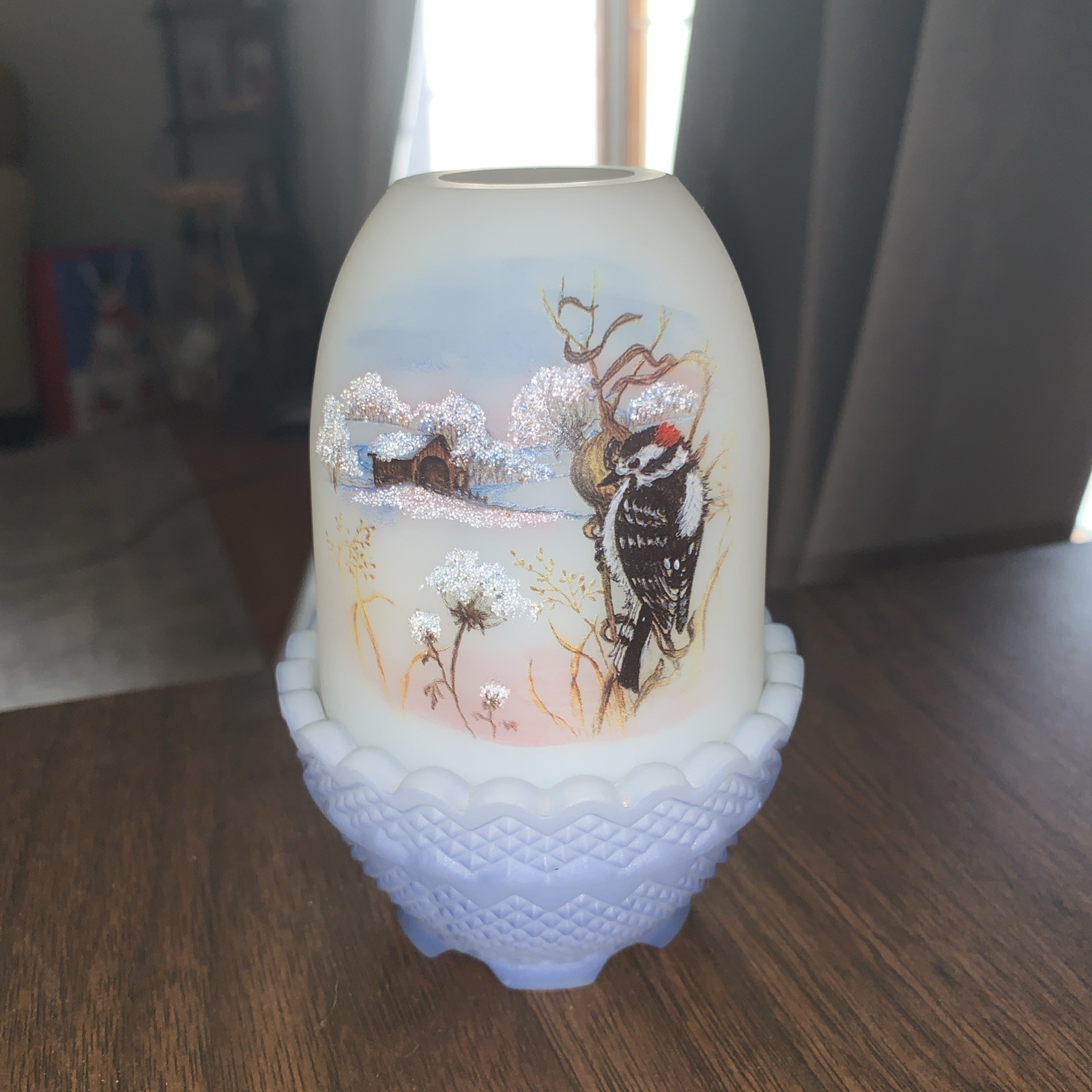 FENTON BIRDS OF WINTER DOWNY WOODPECKER FAIRY LAMP 3RD EDITION,#335  OF 4500