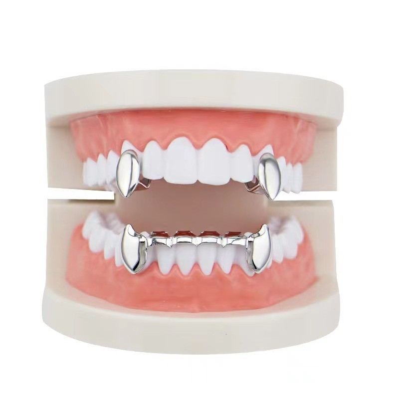 Hip Hop Grillz Copper Teeth Gold Plated  Vampire Fangs Top Bottom Set