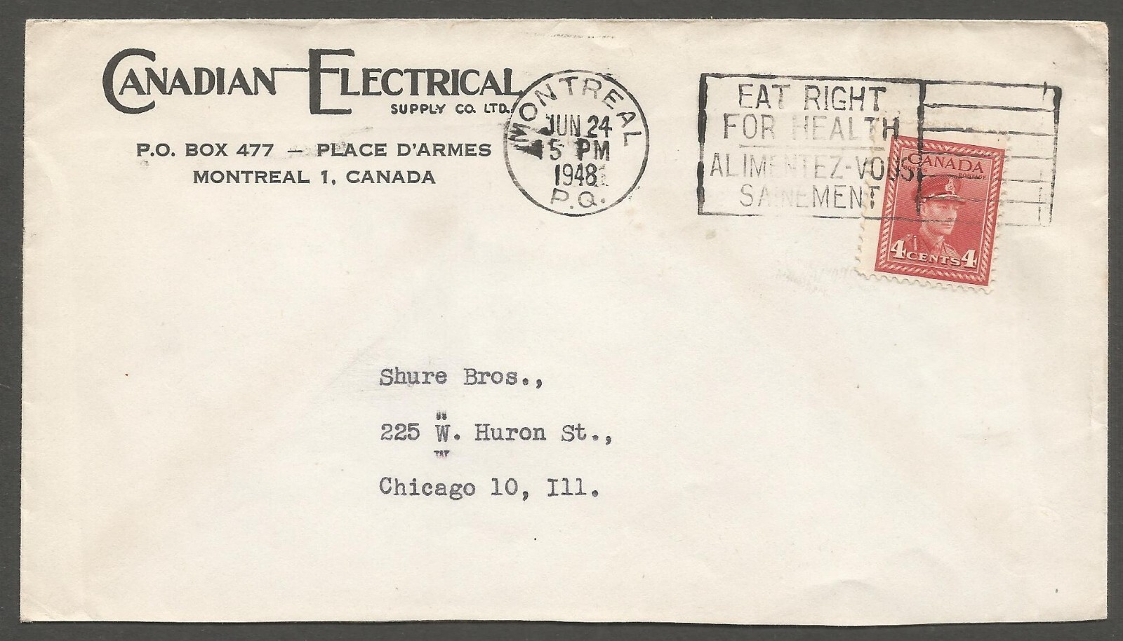 1948 Canadian Electrical Supply Advertising Cover 4c War Slogan Montreal Quebec