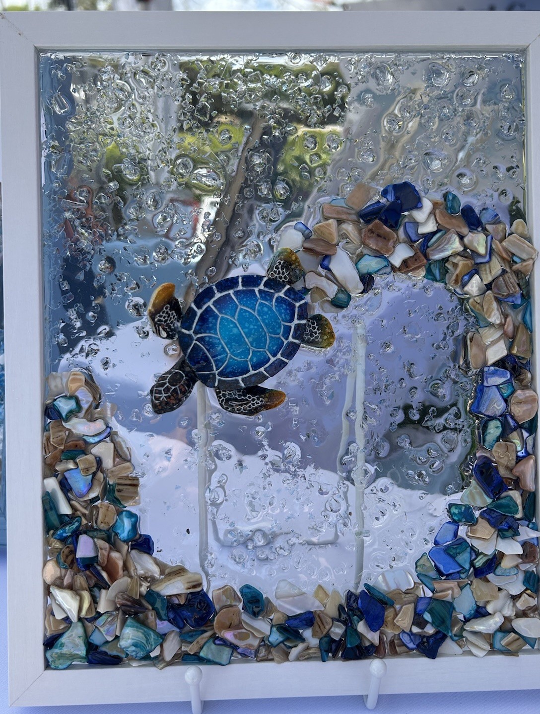 Handmade Mosaic Stained Glass Art Sea Turtle Blue Brown Framed Piece