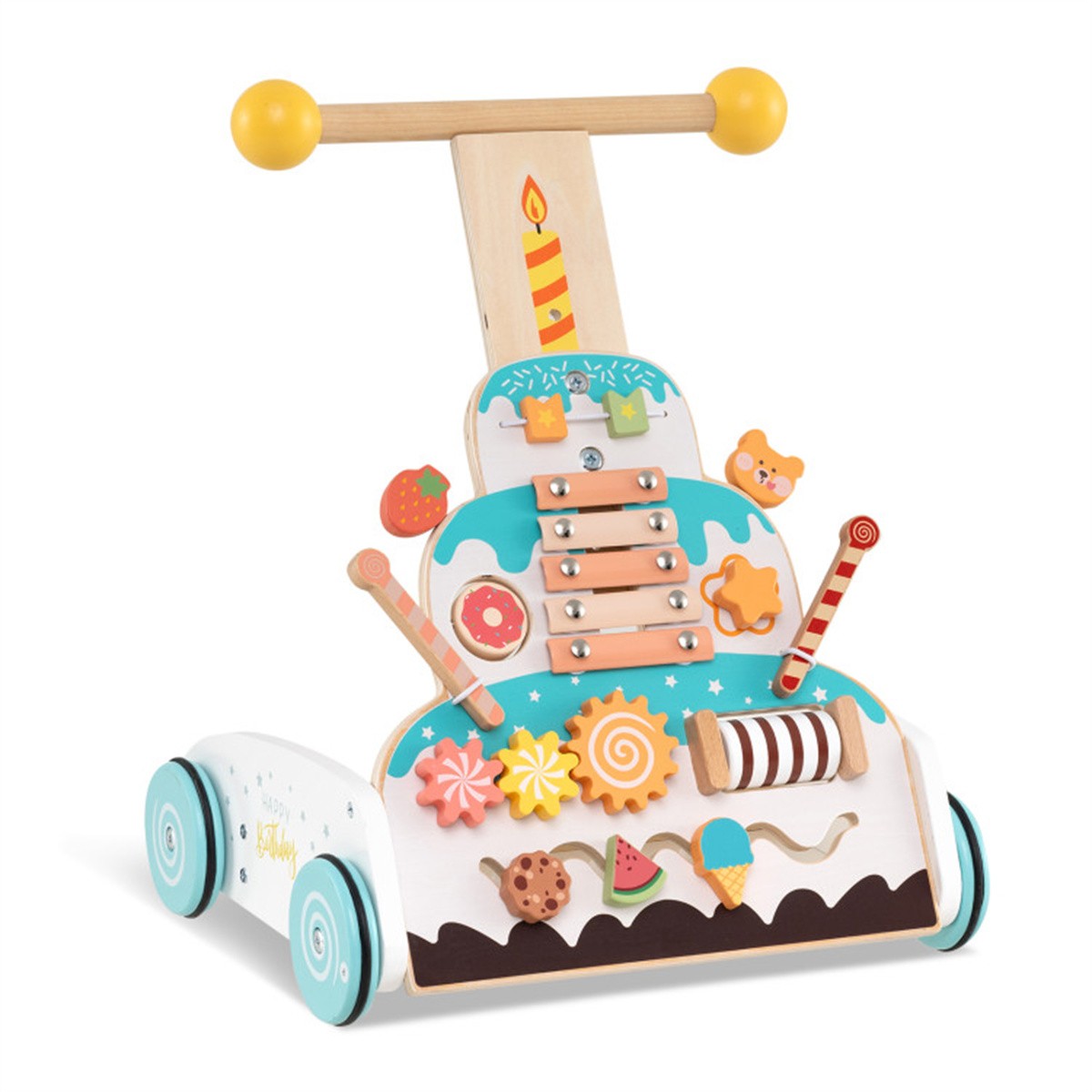 Wooden Baby Walker with 3-Position Adjustable Heights and Smooth Wheels